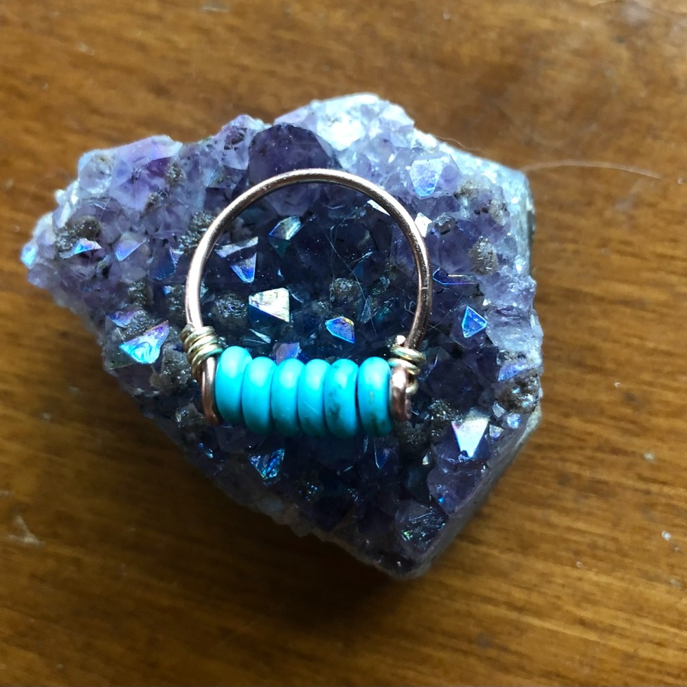 Copper and Teal Bead Ring, Hand Crafted